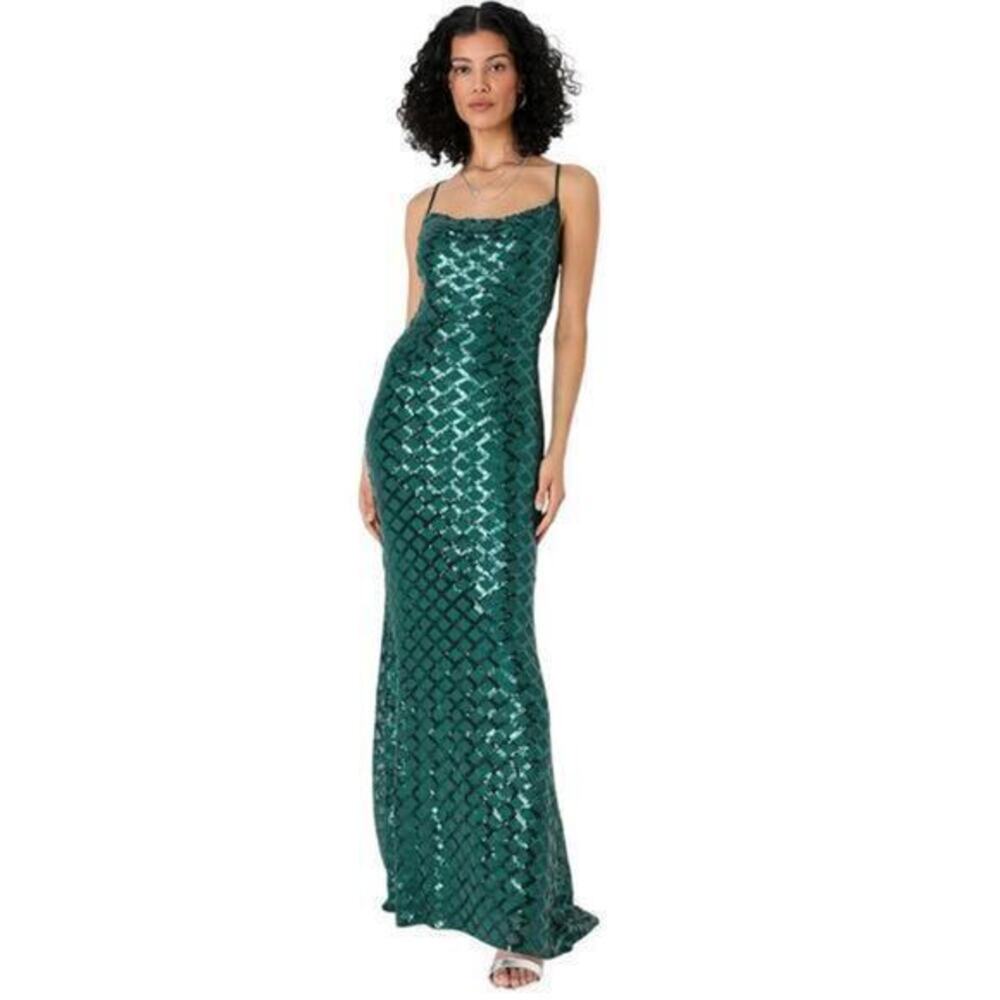 Lulus | Dresses | Lulus Stop And Glow Emerald Green Sequin Cowl Neck Maxi Dress Size Small